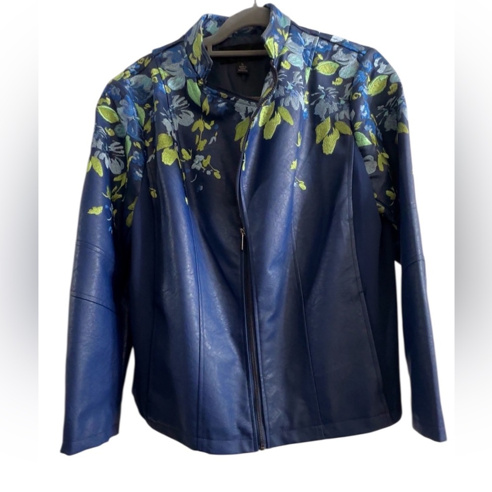 Colleen Lopez navy blue embroidered floral faux leather moto jacket Size XL - Picture 9 of 11